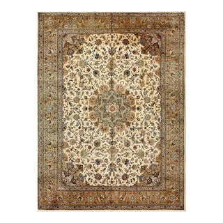 1940s Luminous Beige Shah Abbas Floral Antique Tabriz Handknotted Room Size Rug For Sale
