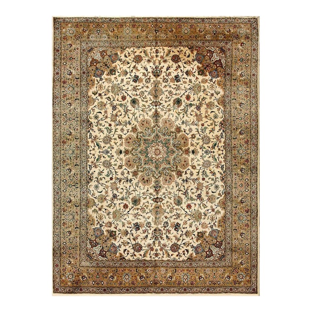 1940s Luminous Beige Shah Abbas Floral Antique Tabriz Handknotted Room Size Rug For Sale