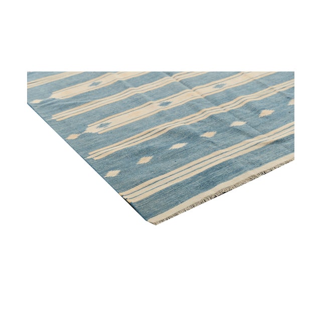 Rug & Kilim 1950s Vintage Dhurrie Flat Weave in Blue and Off-White Stripes by Rug & Kilim For Sale - Image 4 of 6