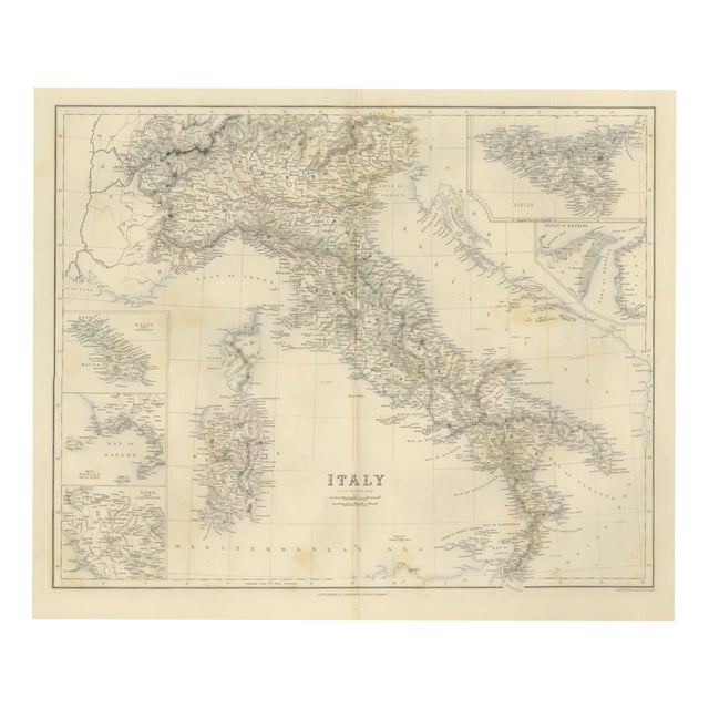 Antique Map of Italy with Sicily, Malta and Bay of Naples Insets, 1860 For Sale