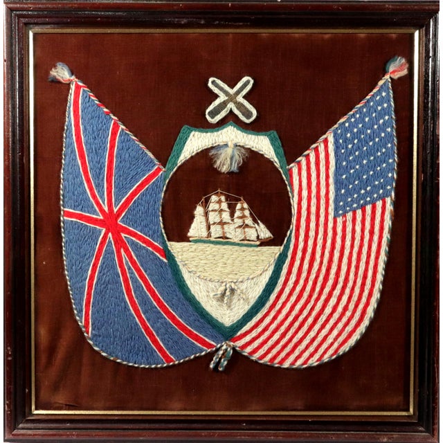 Sailor's Woolworks, Rare Square Pair on Velvet With Union Jack, Stars and Stripes and Royal Navy Ensigns For Sale - Image 13 of 13