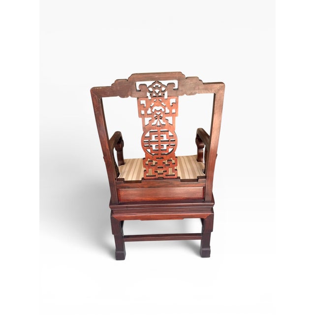 Vintage Chinoiserie Carved Horseshoe Armchair With Intricate Openwork Back For Sale - Image 4 of 6