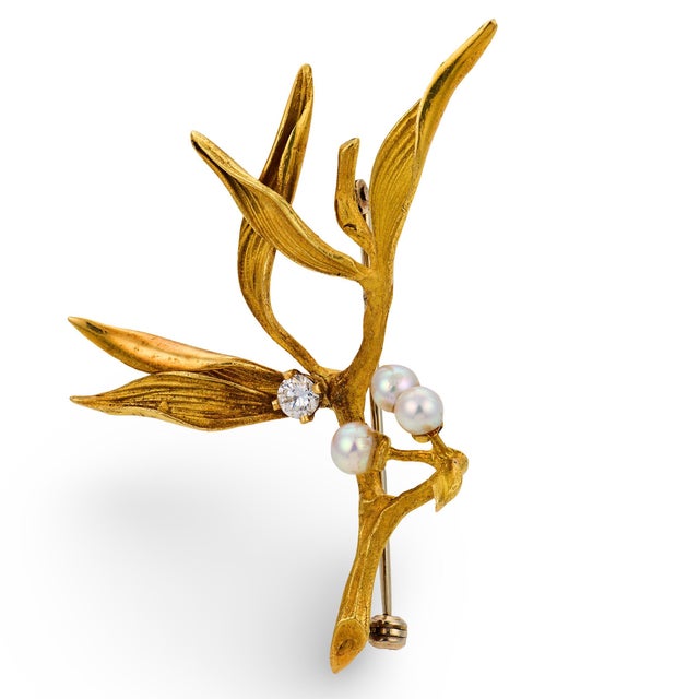Contemporary Vintage Italian Diamond Pearl 18k Yellow Gold Floral Brooch For Sale - Image 3 of 6