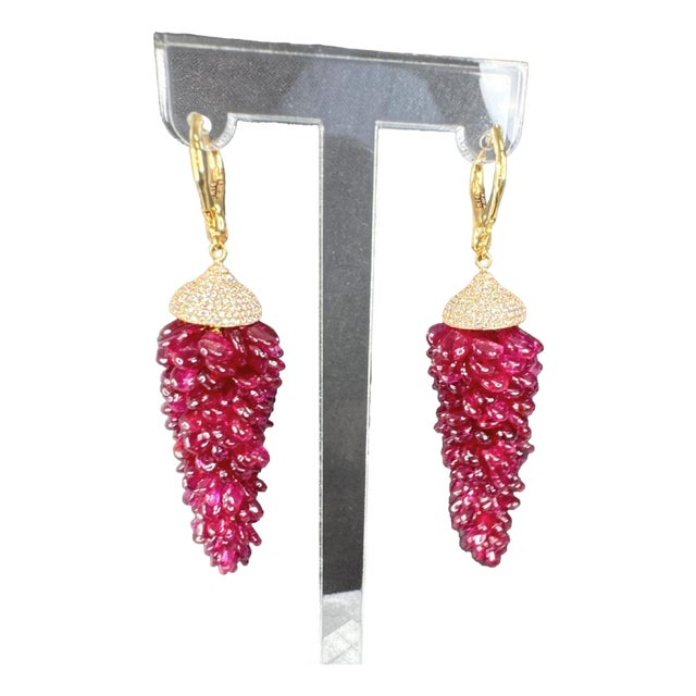 Vintage Style Red Pink Ruby Bead & Diamond Pave Earrings 18k Yellow Gold, A Pair For Sale