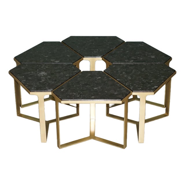 Forma Nero DG-68200 Kravet Tables in Marquina Stone and Satin Brass from Donghia, Set of 6 For Sale