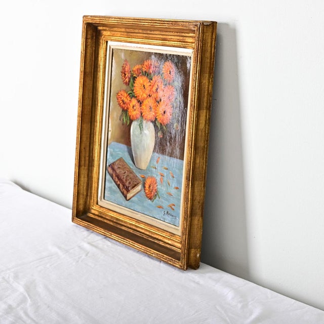 Textile French Vintage Framed Floral Still Life For Sale - Image 7 of 8