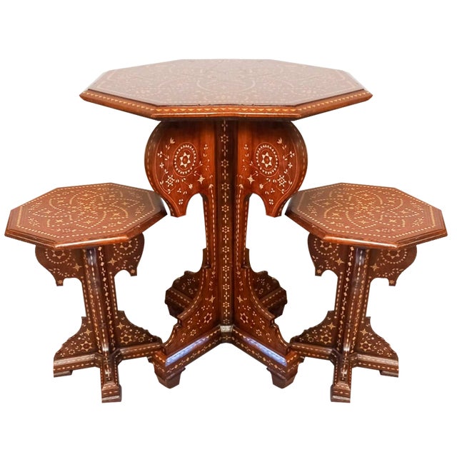 Indian Octagonal Inlaid Coffee Table with Two Seats, Set of 3 For Sale