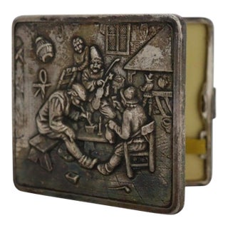 Figural Repousse Tavern Scene Sterling Silver Cigarette Case 2.8 Troy Oz C1900 For Sale