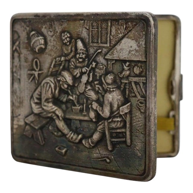 Figural Repousse Tavern Scene Sterling Silver Cigarette Case 2.8 Troy Oz C1900 For Sale