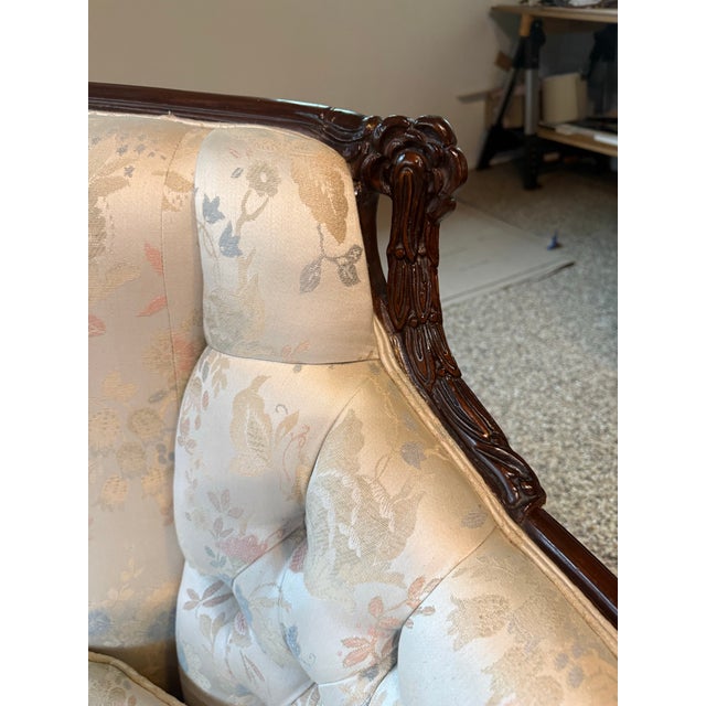 1950s Beautiful Completely Restored Hand Carved Mahogany Sofa Circa 1952. Originally, Purchased in Philadelphia. For Sale - Image 5 of 6