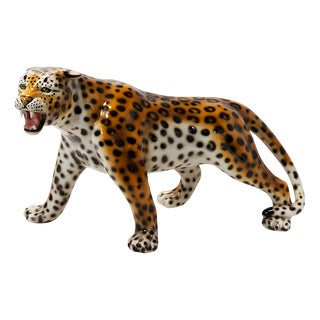 Large Vintage Italian Hand Made Glazed Ceramic Leopard Sculpture, 1980s For Sale