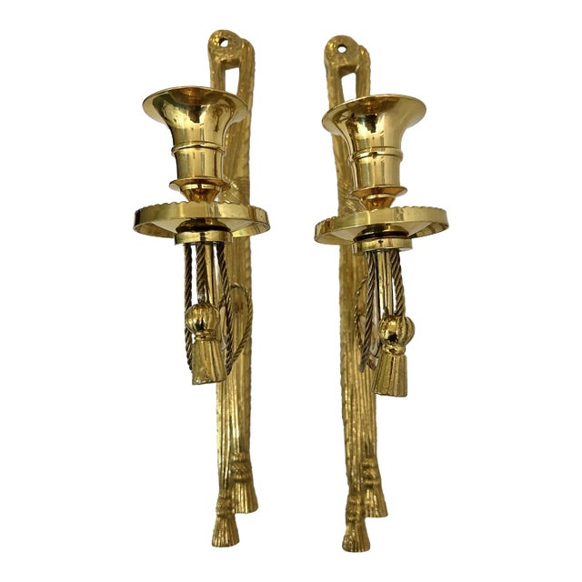 Vintage Pair of Brass Reed and Ribbon Tassel Candle Wall Sconces For Sale