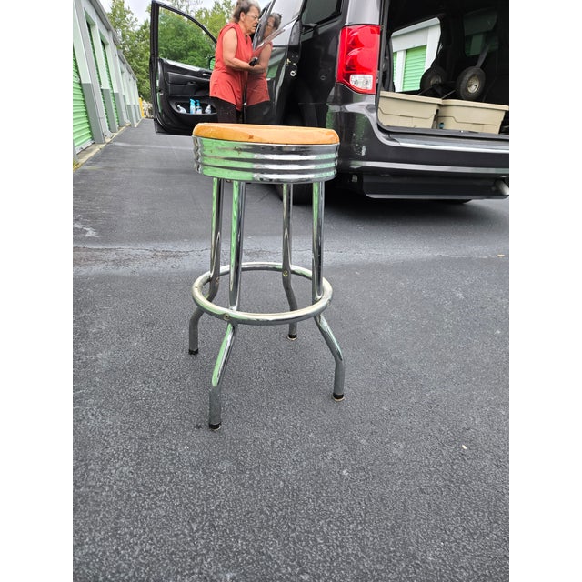 Industrial Vintage Countertop Metal and Wood Swivel Stool For Sale - Image 3 of 5
