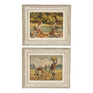Pair of Tropical Haitian Paintings of Haitians at Work by Werner Jaegerhuber For Sale