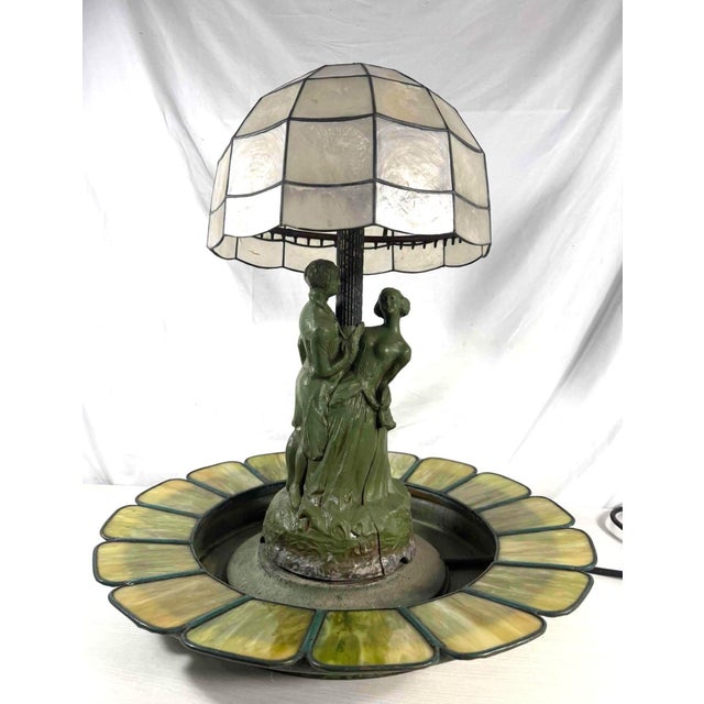 1920s Art Deco Figural Re-Circulating Fountain Lamp - Working Verdigris Spelter Sculpture & Iridescent Natural Capiz Shell Dome Shade For Sale - Image 4 of 14