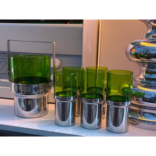 Glass Glass and Stainless Steel Ice Bucket and Glasses from Pran, Italy, 1970s, Set of 6 For Sale - Image 7 of 14