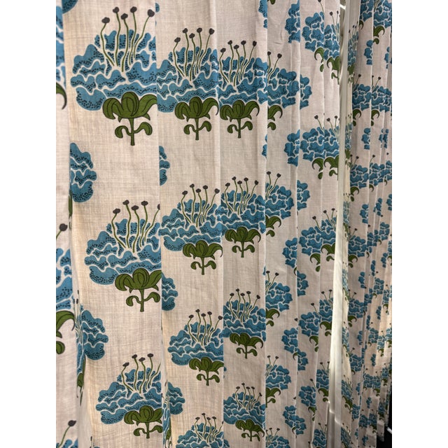 Vintage Katie Ridder Peony Drapes in bluebell on natural. Pinch pleat, lined, 1.5 width per panel drapes 10 hooks per...