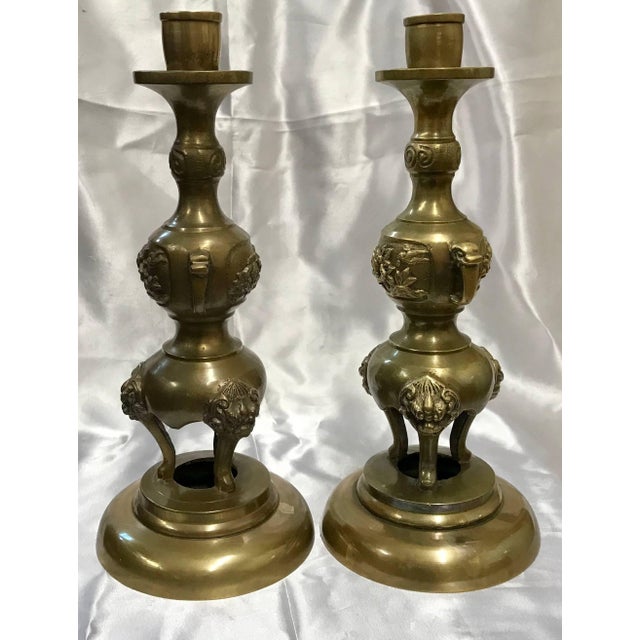 Pair of Brass Taper Candlesticks With Flowers and Griffins For Sale - Image 4 of 9
