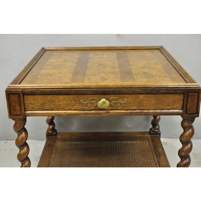 Mid 20th Century Vintage Baker Barley Twist Oak & Burlwood Parquetry Inlay Square Lamp Side Table For Sale - Image 5 of 14