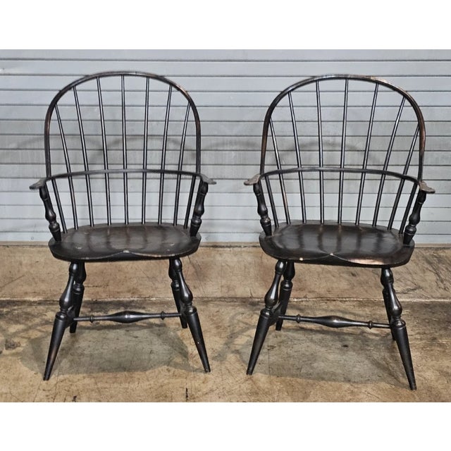 Store Item: Pair of Adriance Heritage Sack Back Windsor Arm Chairs Bench Made Black Finish Description: Each Chair has a...