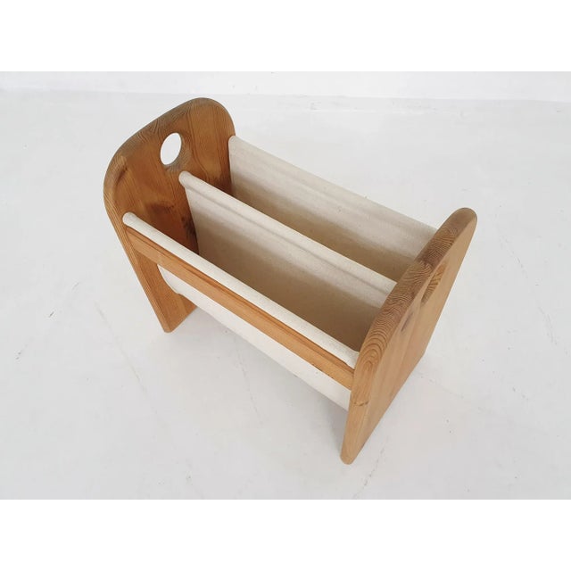 Scandinavian Pinewood and Linen Magazine Stand, Denmark, 1970s For Sale - Image 4 of 6