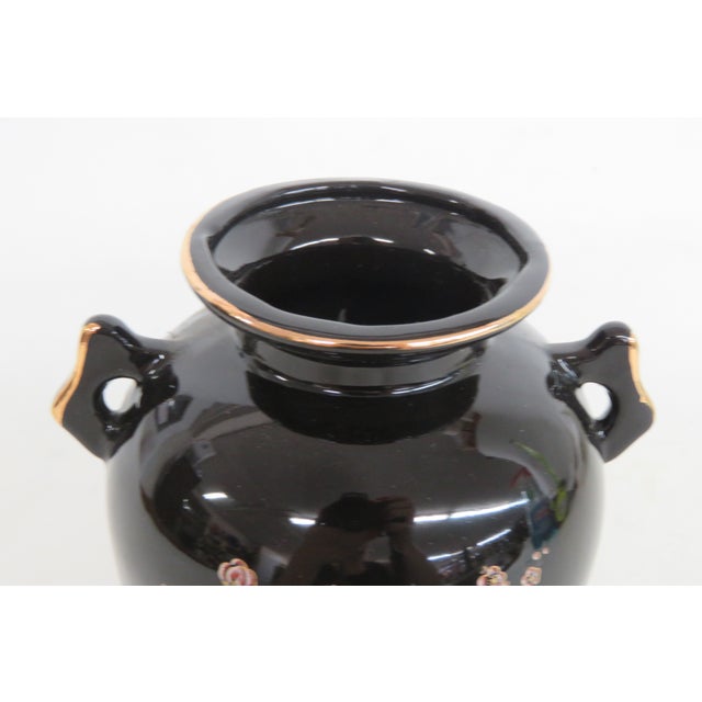 Japanese Porcelain Small Handled Vase Black With Gold Trim Floral Motif 5022b For Sale - Image 10 of 11