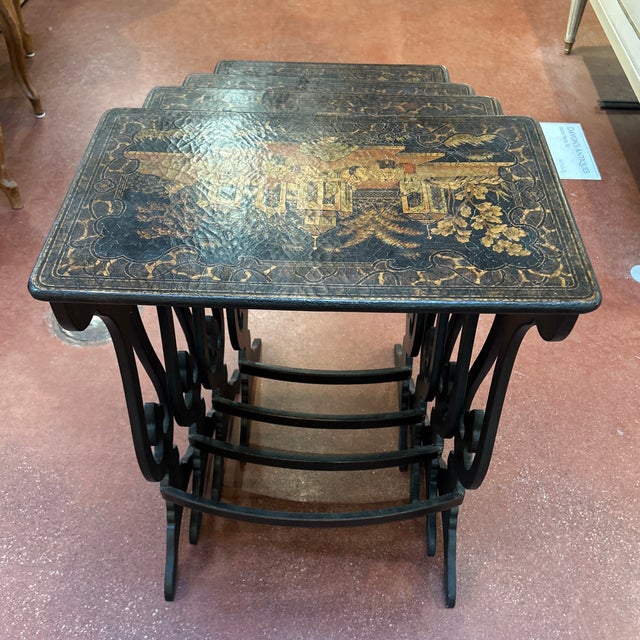 Late 20th Century Ebonized Chinoiserie Set of 4 Nesting Tables For Sale - Image 4 of 7