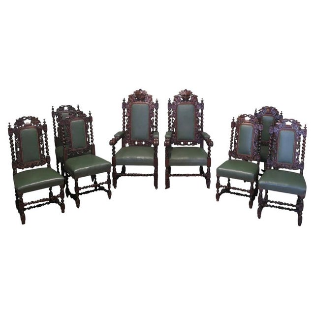 Green Victorian Gothic Jacobean Oak Dining Chairs, Set of 10 For Sale - Image 8 of 8