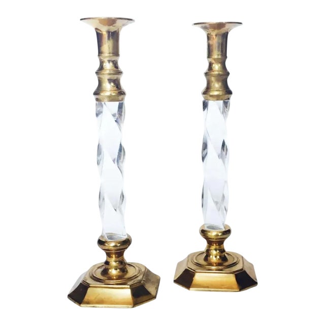 Vintage Tall Brass and Twisted Lucite Candlestick Holders - A Pair For Sale