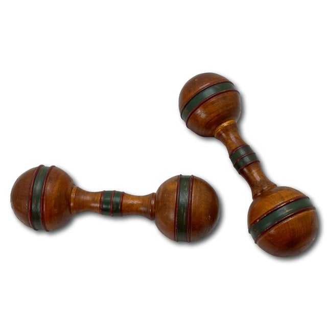 Late 19th Century Unusual Very Small Size Antique Beech Wood Dumbbells With Wonderful Original Painted Features For Sale - Image 5 of 13