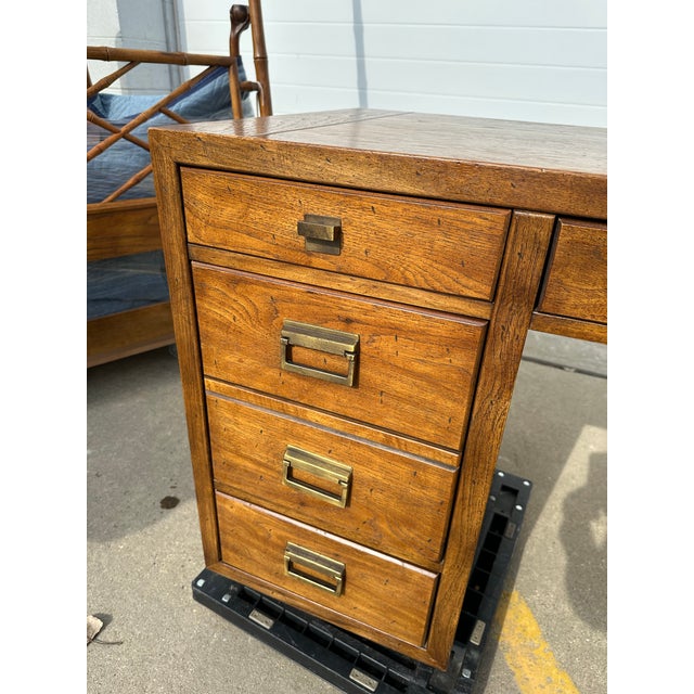1980s Drexel Heritage Woodbriar Collection Campaign 7 Drawer Desk & Chair For Sale In Detroit - Image 6 of 16