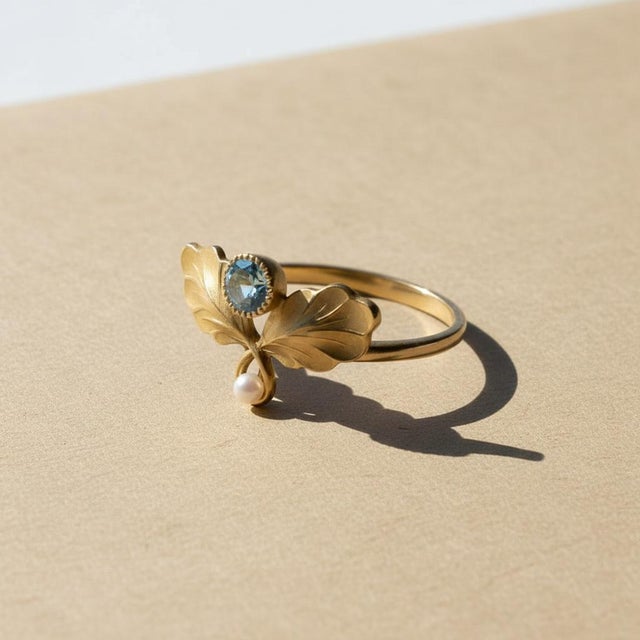 Sculptural Leaf Topaz and Pearl Ring in 14k Yellow Gold. Botanical Topaz Ring with Freshwater Pearl in 14k Gold. A...