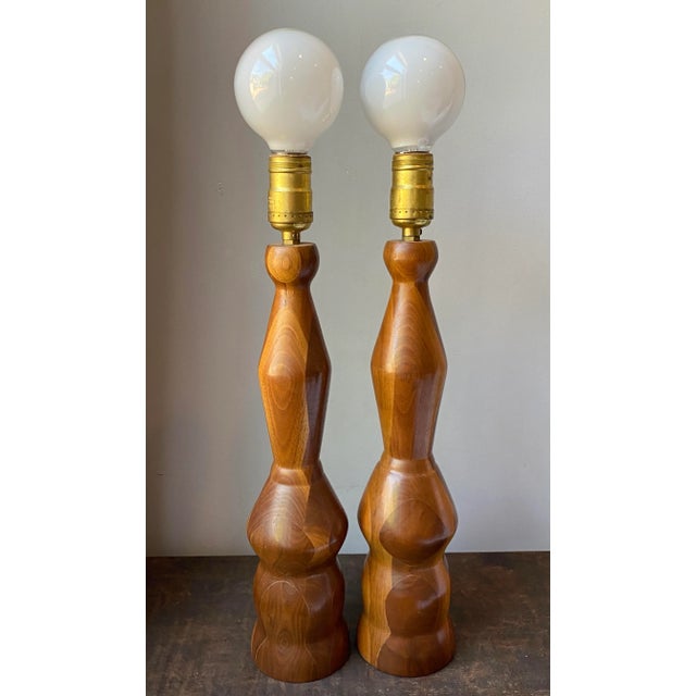 Midcentury Teak Wood Table Lamps - a Pair For Sale - Image 11 of 11
