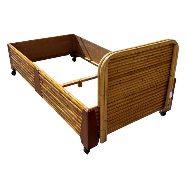Restored Art Deco Geometric Stacked Rattan Bed and Mahogany Twin Bed Frame For Sale In Los Angeles - Image 6 of 7