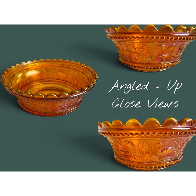 1910s Antique Northwood Peacock at the Fountain Marigold Carnival Art Glass Berry Bowl For Sale - Image 5 of 11