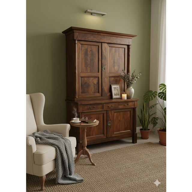 A beautifully contoured, projecting top surmounts two large paneled doors, flanked by turned half-columns on the sides....