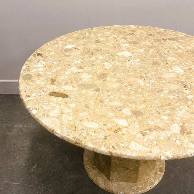 Round Breccia Marble Pedestal Table | 1980s Vintage Stone Dining Table | Postmod For Sale - Image 12 of 14