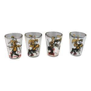 Vintage Hazel-Atlas Shot Glasses Black Yellow Red Turn of the Century Bar Scenes- Set of 4