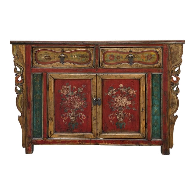Chinese Distressed Mustard Yellow Red Flower Sideboard Credenza Cabinet For Sale