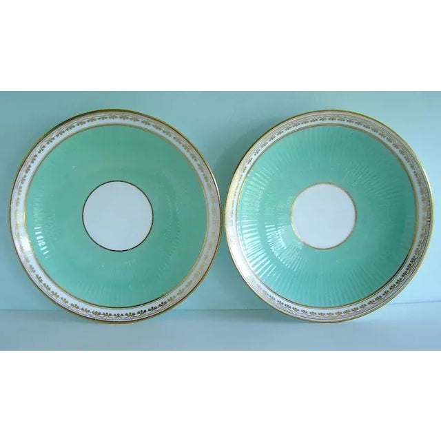 Large pair antique 19th c. English Minton porcelain ribbed turquoise low bowls or serving plates. Decorated with rich...