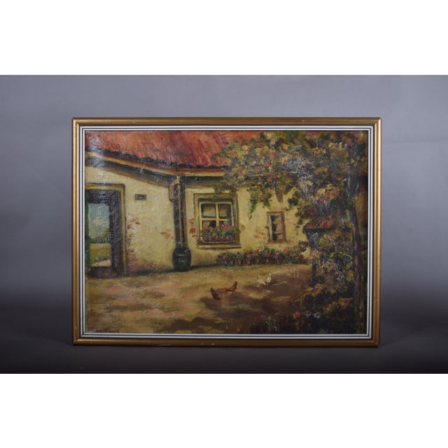 Signed oil painting on canvas depicting a cottage courtyard with chickens, a tiled roof, shuttered windows and garden...