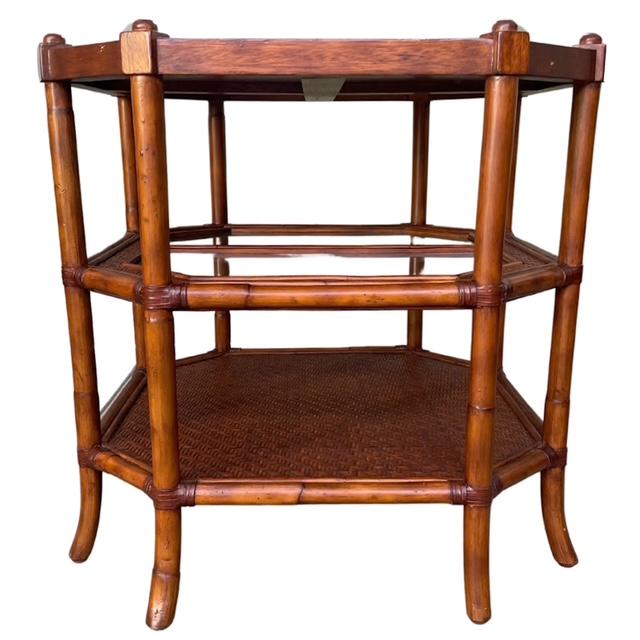 Wood Palm Beach Regency Octagonal 3-Tier Faux Bamboo Side Table With Woven Rattan & Glass For Sale - Image 7 of 10