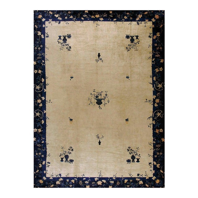 1920s Rectangle Hand Knotted Wool Antique Open Field Medallion Blue Large Rug For Sale