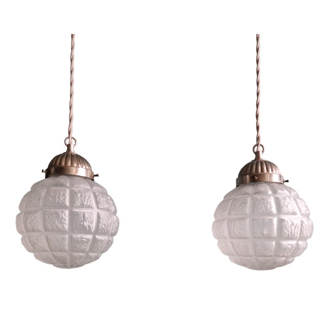 Art Deco Pendant Lights in Pressed Molded Frosted Glass, 1930s, Set of 2 For Sale