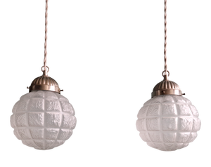 Art Deco Pendant Lights in Pressed Molded Frosted Glass, 1930s, Set of 2