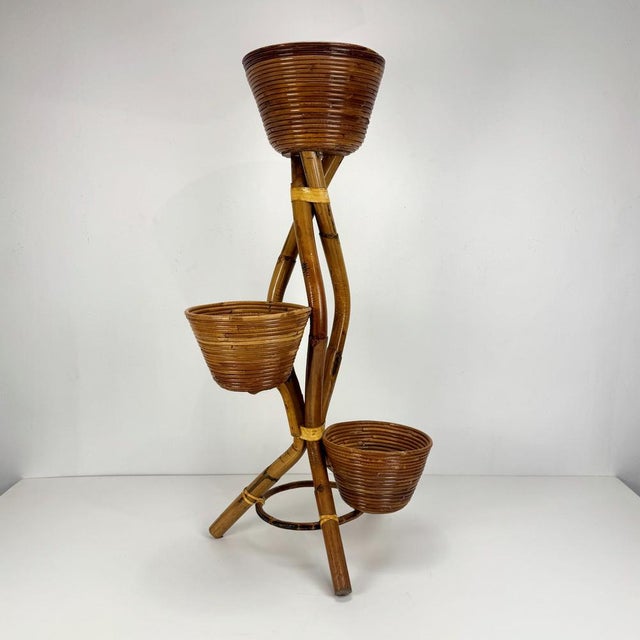 Wood Mid-Century Italian Bamboo 3- Basket Plant Stand, 1960s For Sale - Image 7 of 7