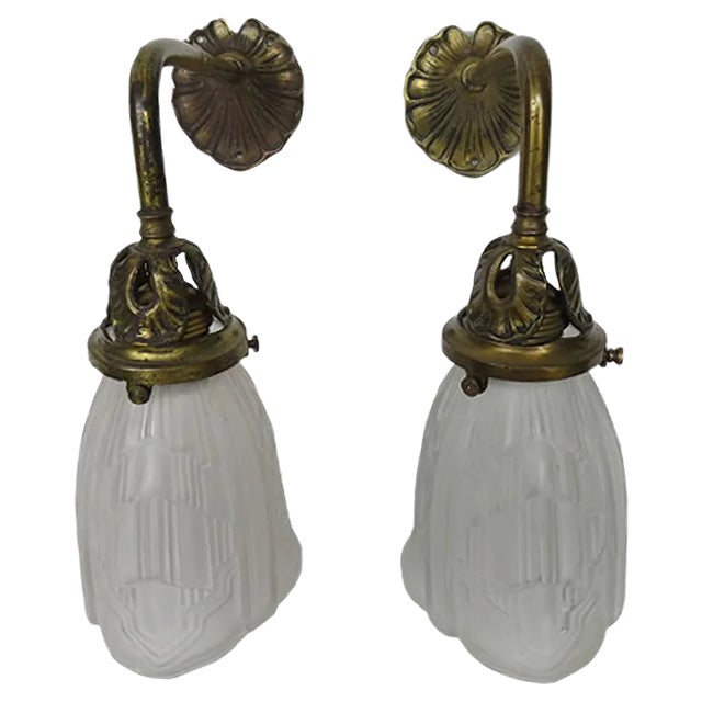 Art Nouveau Brass and Frosted Glass Sconces, Set of 2 For Sale