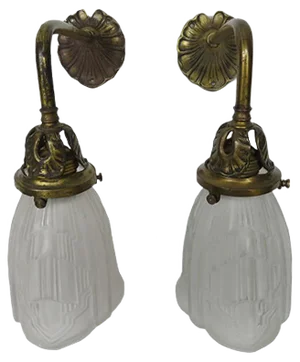 Art Nouveau Brass and Frosted Glass Sconces, Set of 2
