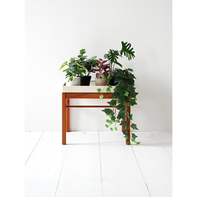 1960s square teak flower stand with exposed structure and white lacquered metal tub. Vintage Scandinavian flower stand...