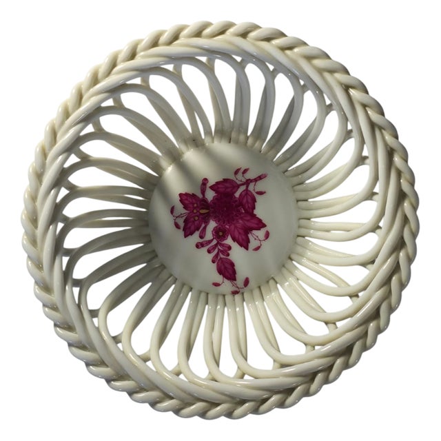 Hand-Painted Porcelain Reticulated Basket Bowl with Floral Motif from Herend Hungary, 1960-1990 For Sale